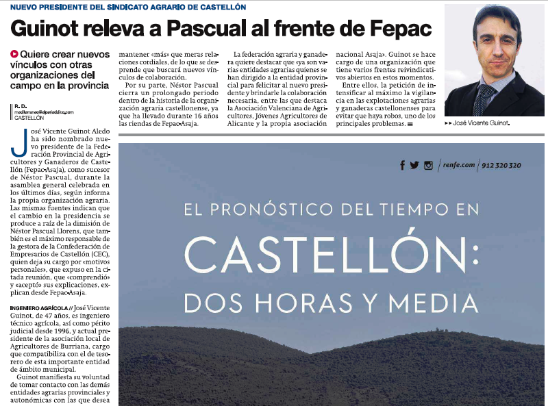 Jose Vicente Guinot releva a Nestor Pascual en la Presidencia de FEPAC-ASAJA Castellón.